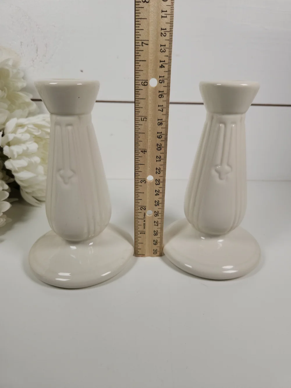 Vintage Pair of White Ceramic Pottery Candlestick Holders,  Art Deco Design